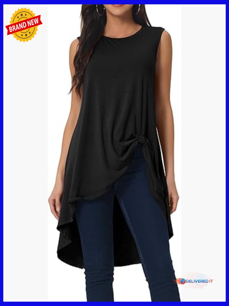 High Low Crewneck Twist Knot Sleeveless Tunic Top Asymmetrical Loose Fit Summer